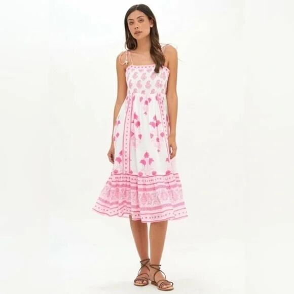 Oliphant Jaipur Medium Pink Floral Halter Smocked Midi Dress Cotton Boho Vacay - Picture 1 of 13